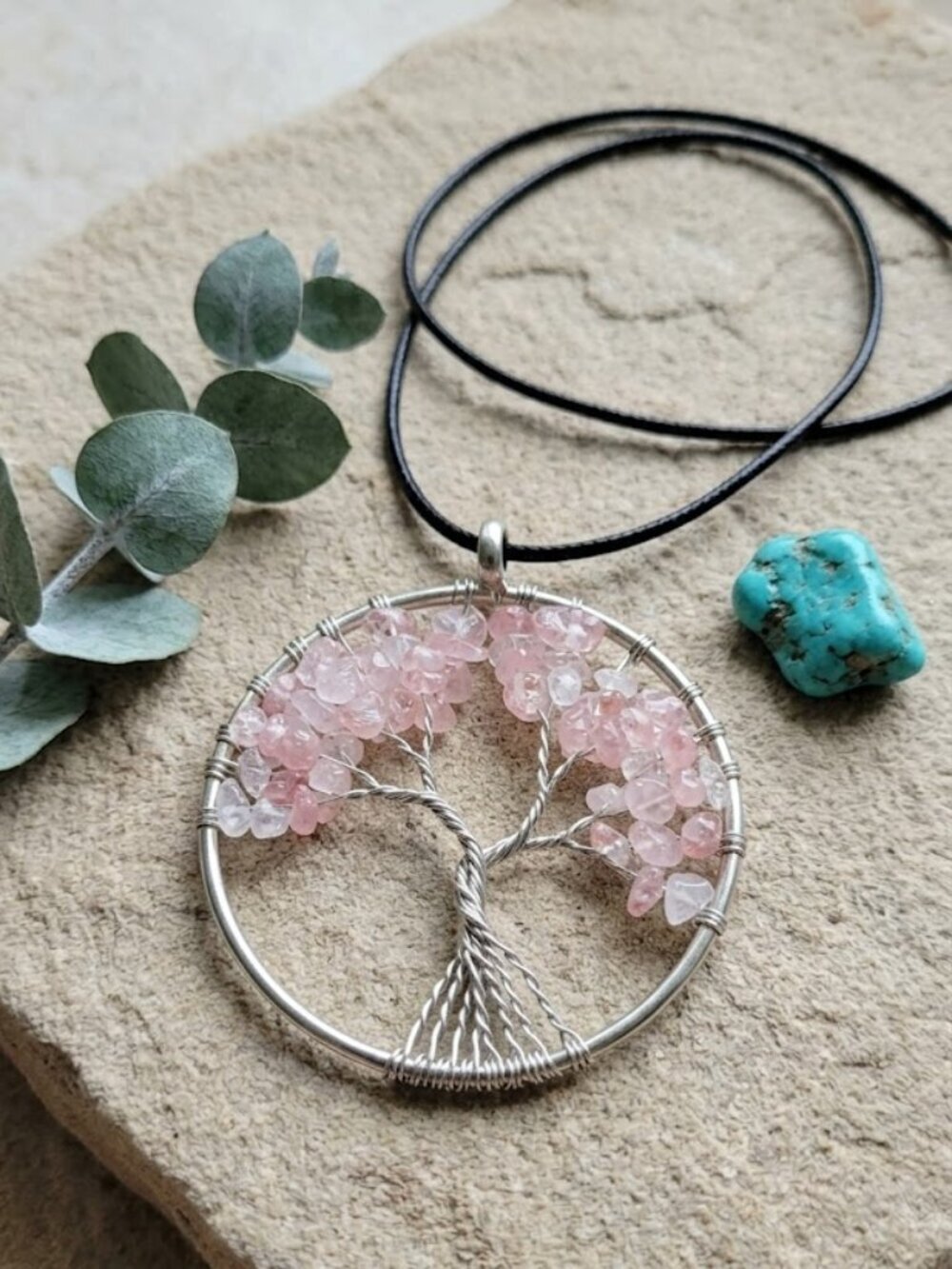Rose Quartz Tree of Life Wire Wrapped Pendant Necklace Boho Vegan Leather